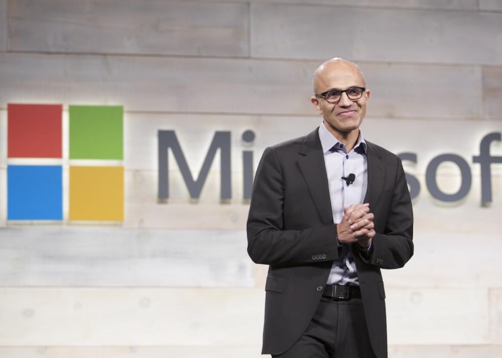 Microsoft CEO Satya Nadella addresses shareholders during Microsoft Shareholders Meeting in 2014.