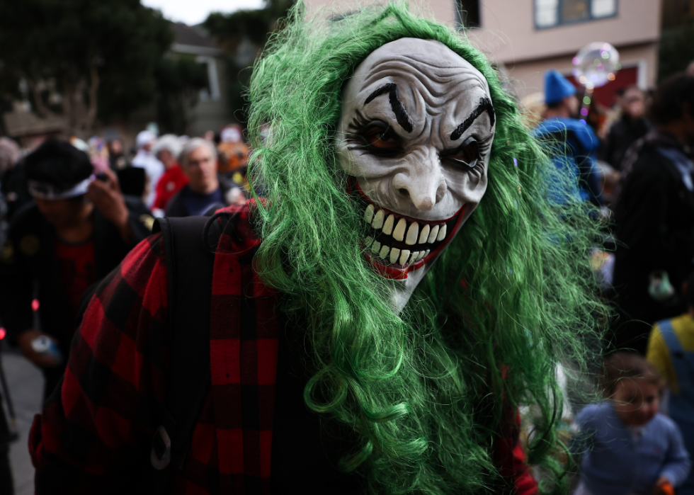Halloween parade participant wearing a scary clown mask in Sausalito, California.