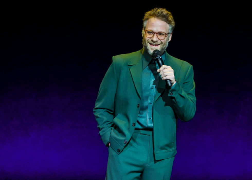 Seth Rogen speaks onstage during CinemaCon at The Colosseum at Caesars Palace in 2023 in Las Vegas. 