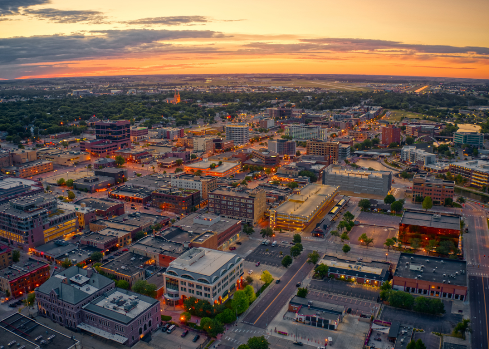 Aerial view of a city at sunset.