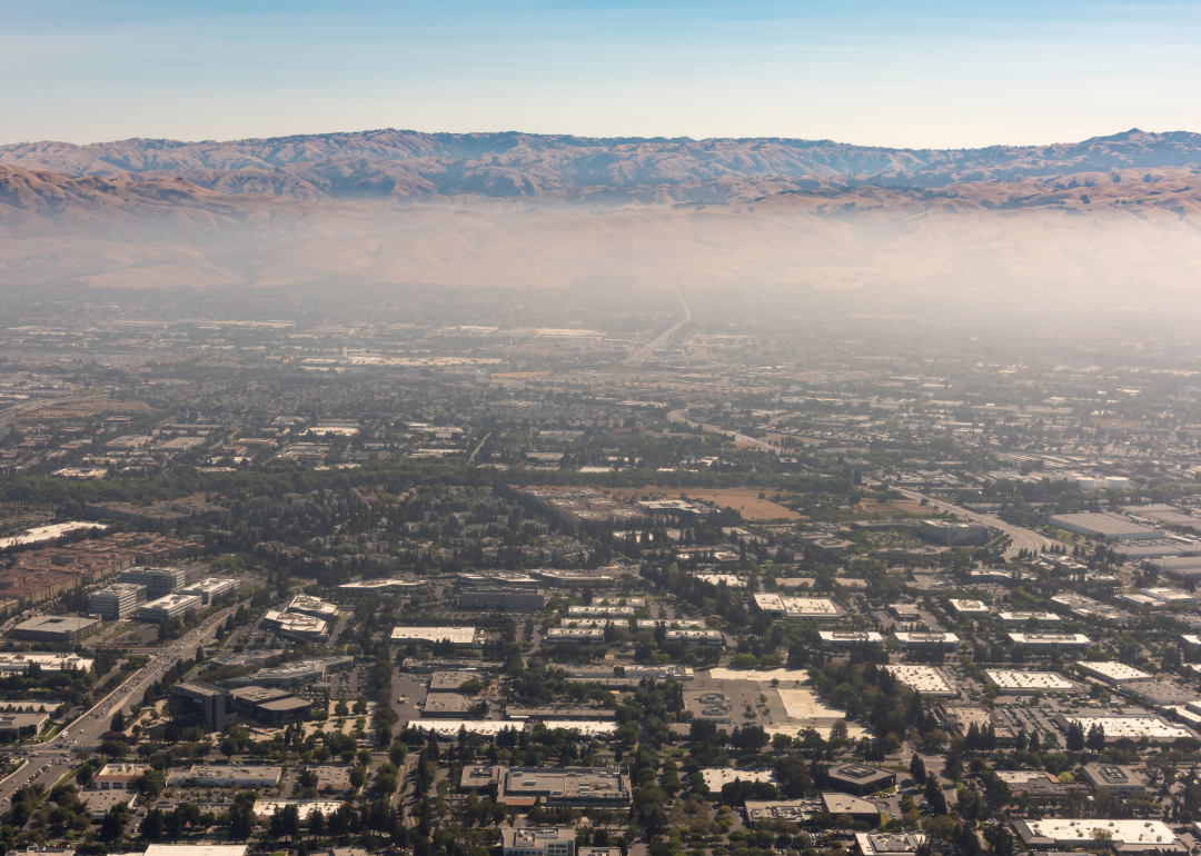 Smog hangs of teh San Fernando Valley in California.