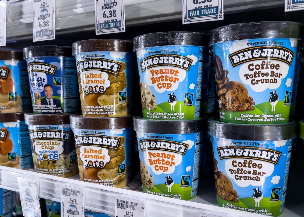 Ben and Jerry's brand ice cream containers for sale at a local supermarket aisle.