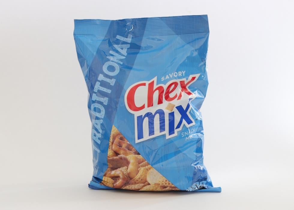 Traditional Chex Mix isolated against white background.