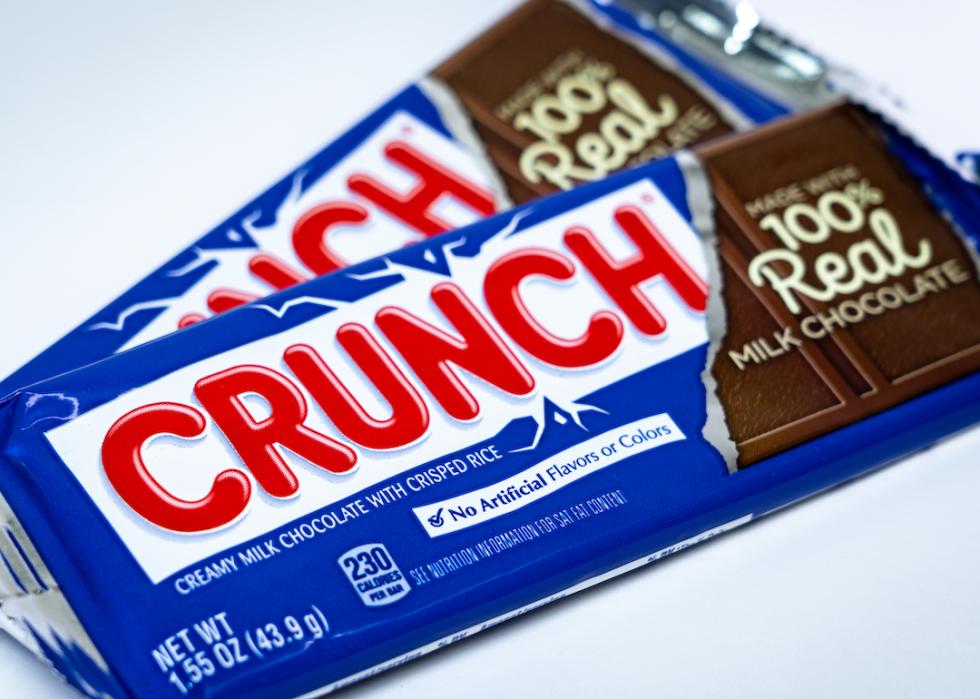 Two bars of Nestle Crunch chocolate bar on a white background.