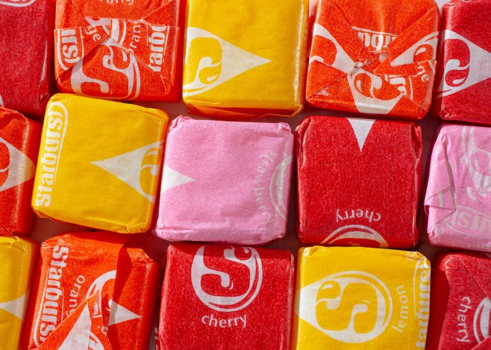 A top down view of a layer of Starburst candy.