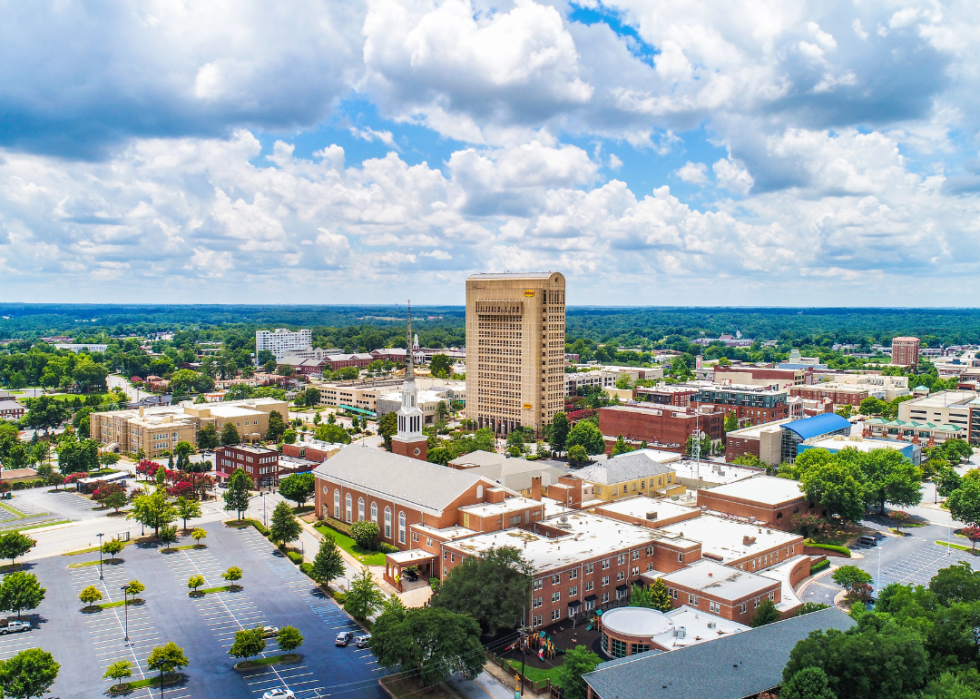 Aerial view of a city downtown with red brick buildings.