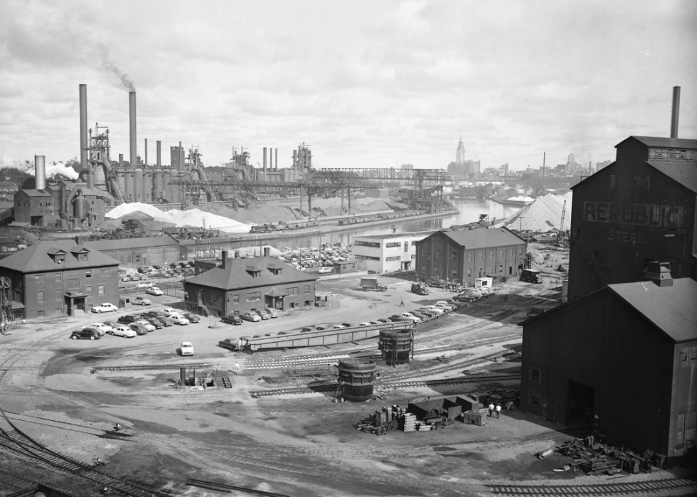 A wide view of the exterior of steel plant in Cleveland.