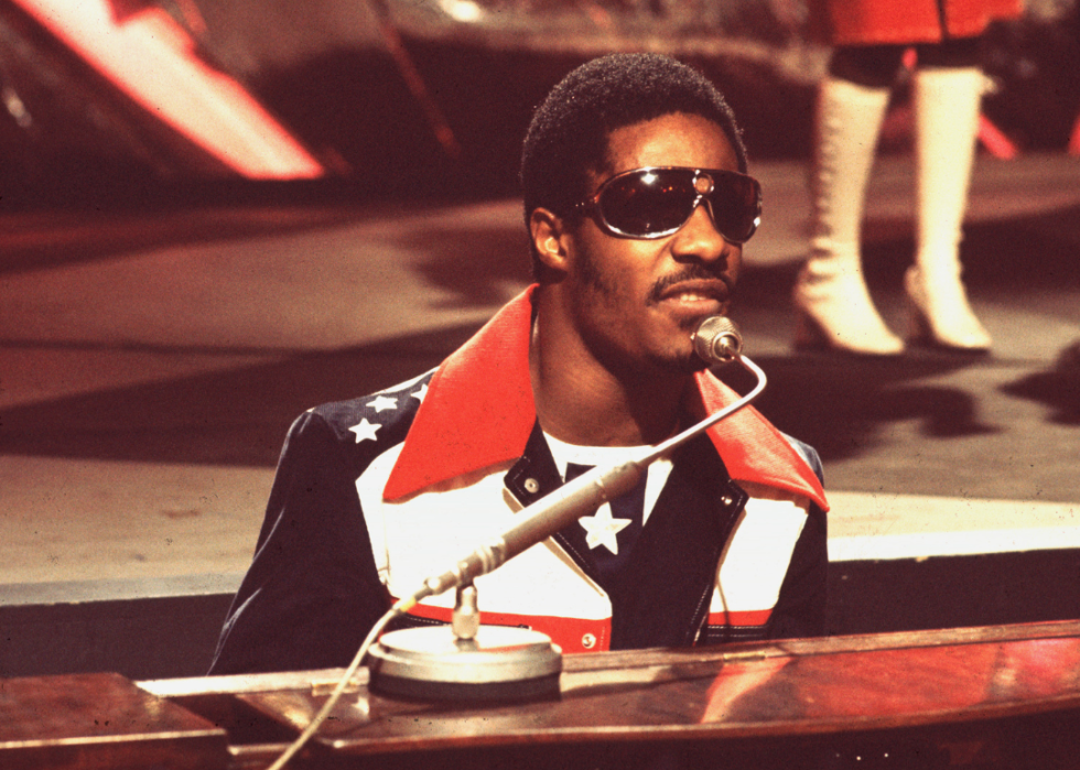 Stevie Wonder in 1971 singing and playing the piano on stage.