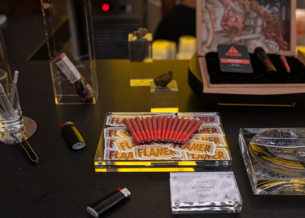 Pre-rolled joints are displayed for guests to take at the "Le Robo Una Rosa" Premiere after party at The House of Cannabis.