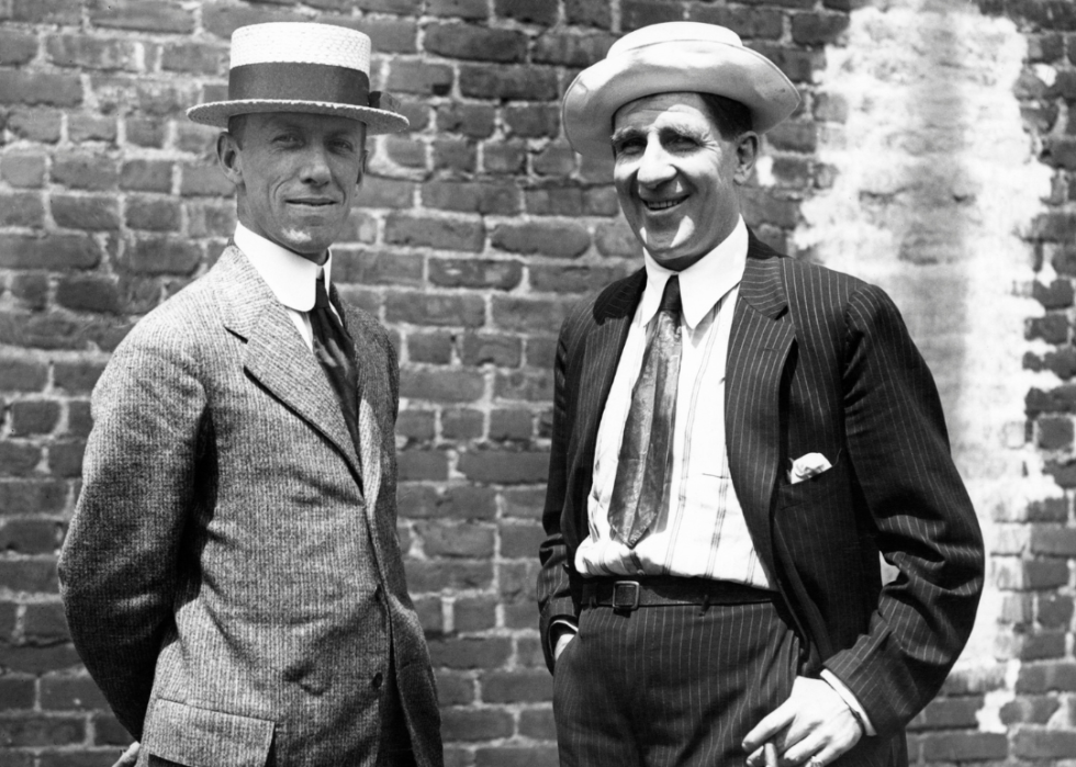 JULY 6, 1915: Tad Dorgan (L) and James J. Corbett pose for a portrait on July 6, 1915. 