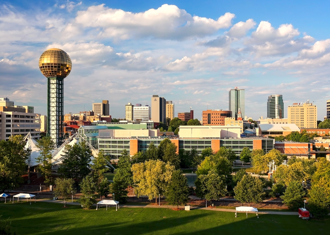 The Knoxville skyline with a round gold tower.