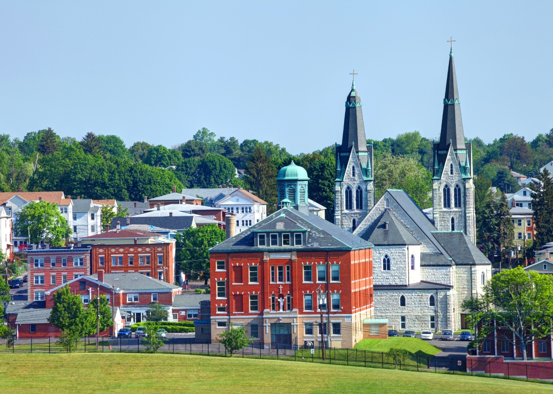 Historic buildings and a church in New Britain.