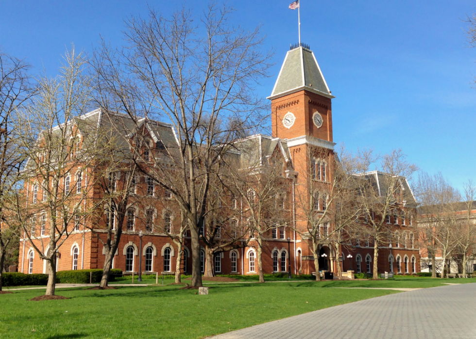 An exterior view of University Hall on the Ohio State University campus.