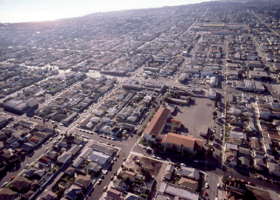 An aerial view of homes and buildings in San Pedro, California.