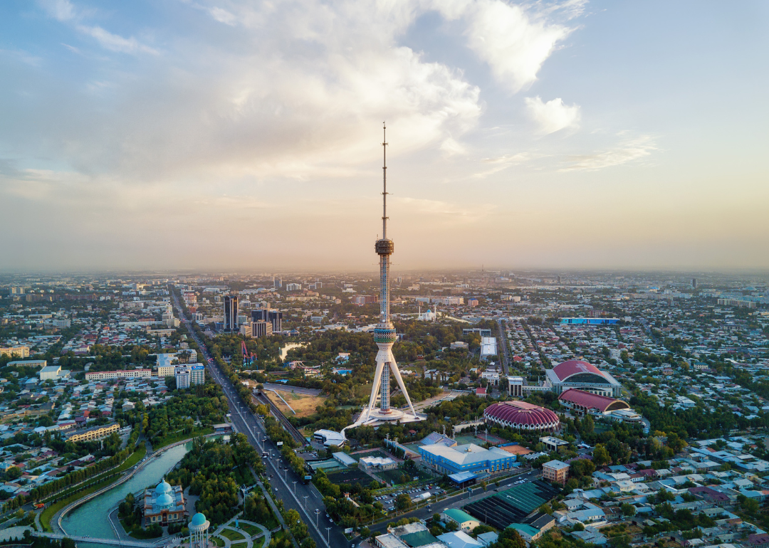 An aerial view of Tashkent TV Tower in Uzbekistan
