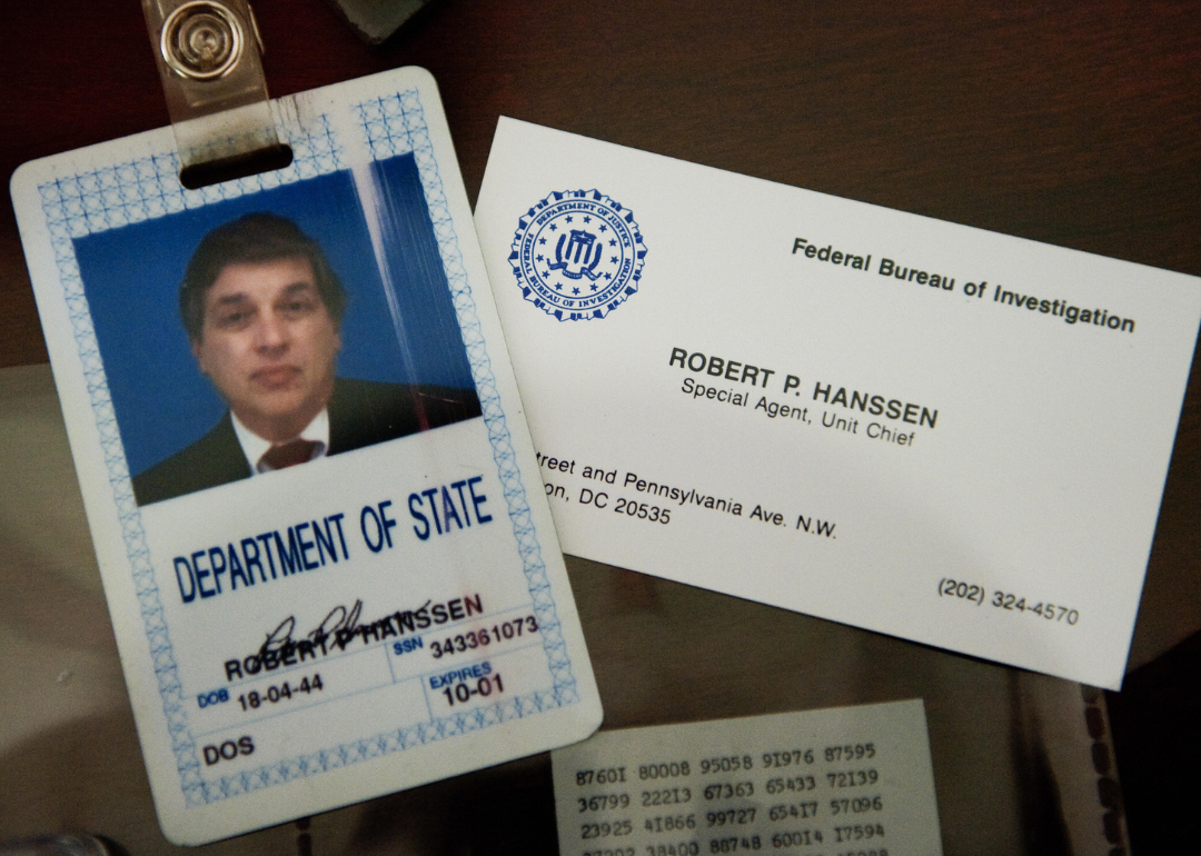 The identification and business card of former FBI agent Robert Hanssen as seen inside a display case at the FBI Academy in Quantico, Virginia.