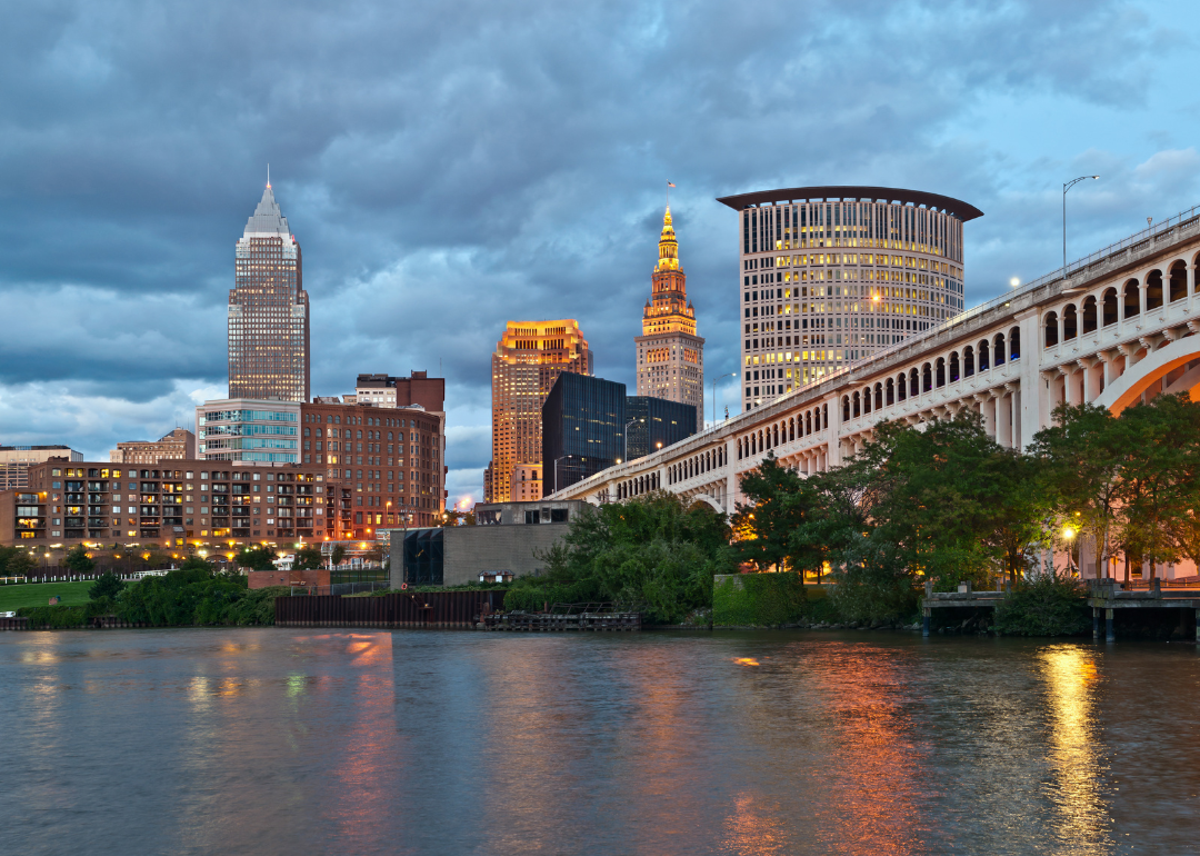 Cleveland's skyline as seen from across the river on a cloudy day.