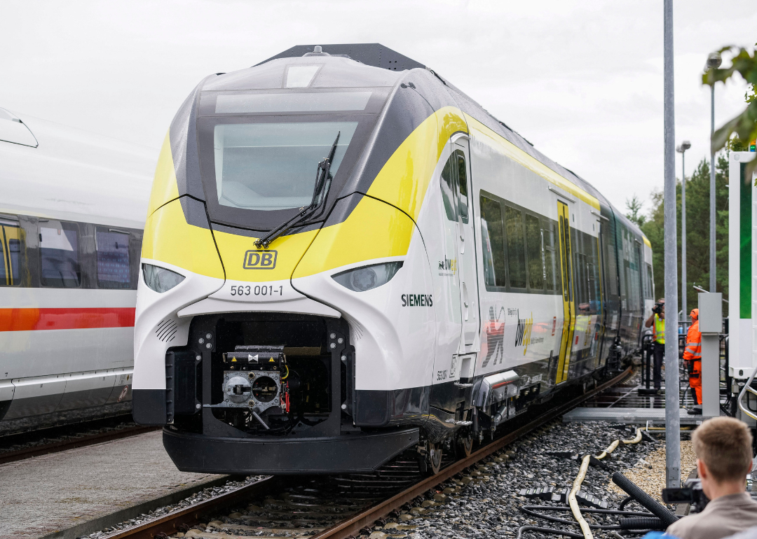 The hydrogen-powered train 'Mireo Plus H' of the joint project 'H2goesRail' by Siemens Mobility and Deutsche Bahn during its presentation at the Siemens test site in Wegberg, Germany, on Sept. 9, 2022.