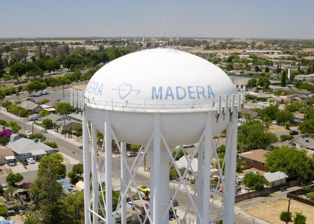 An aerial view of Madera with the water tower in the foreground.