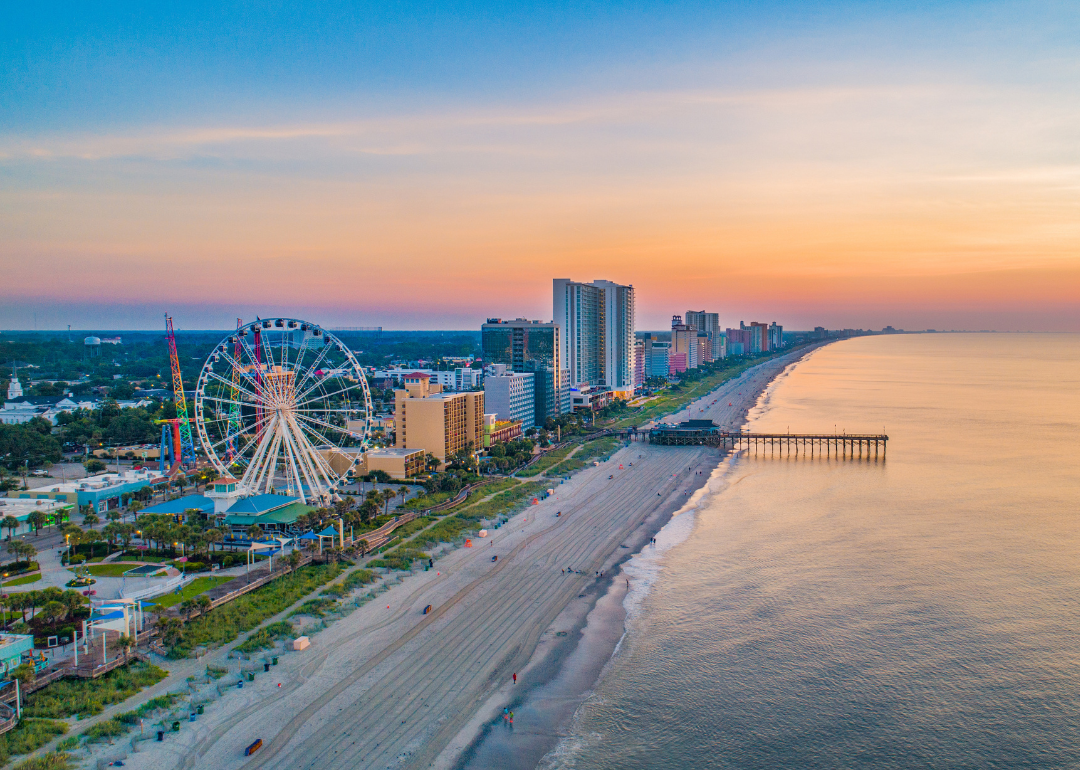 Aerial view of Myrtle Beach at sunset. 