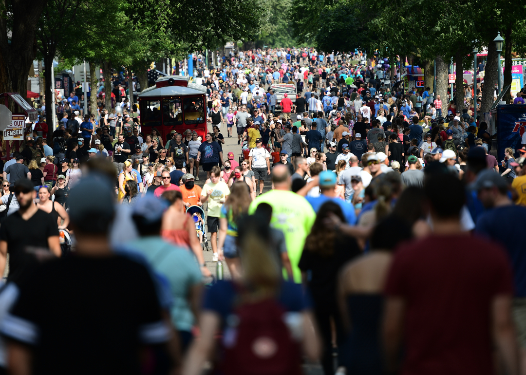 Crowds filling the street at the Minnesota State Fair in Falcon Heights, Minnesota, on August 28, 2021. 
