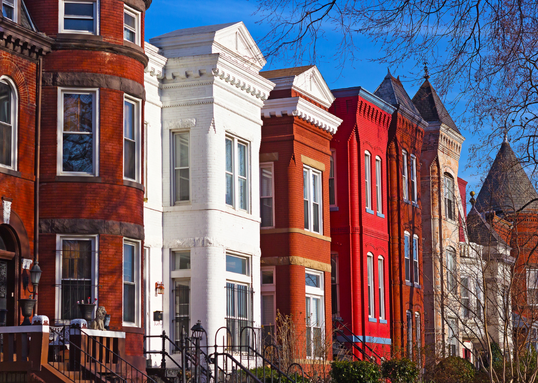 A row of colorful residential houses on Mount Vernon Square in Washington D.C.