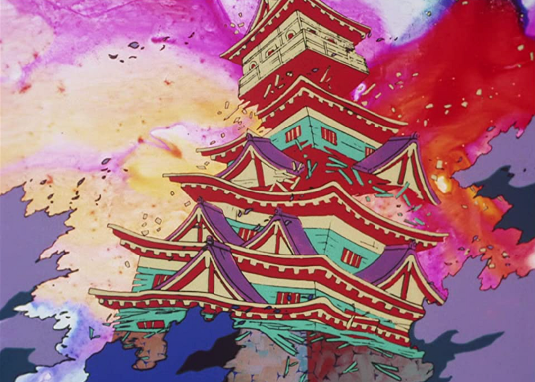 A still of a traditional Japanese building exploding in Barefoot Gen.