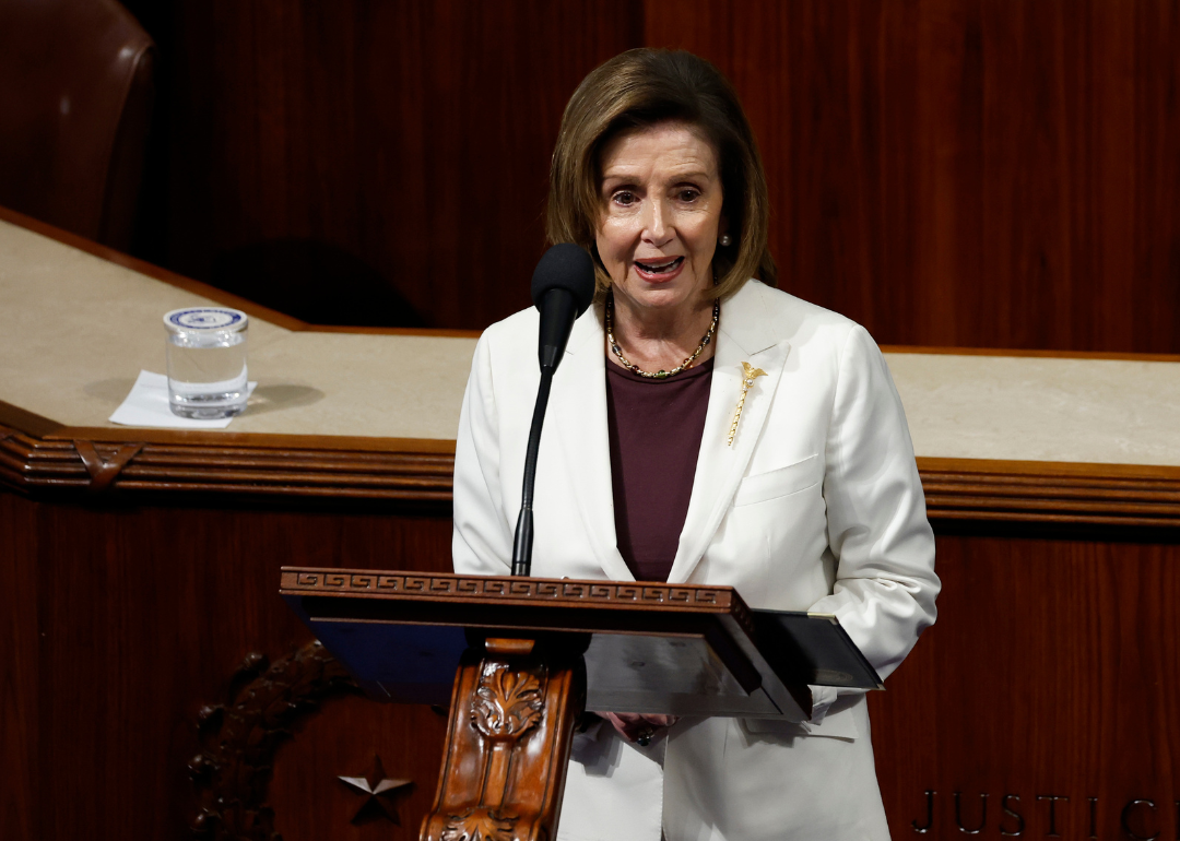 U.S. Speaker of the House Nancy Pelosi (D-CA) delivering remarks from the House Chambers of the U.S. Capitol Building on November 17, 2022.