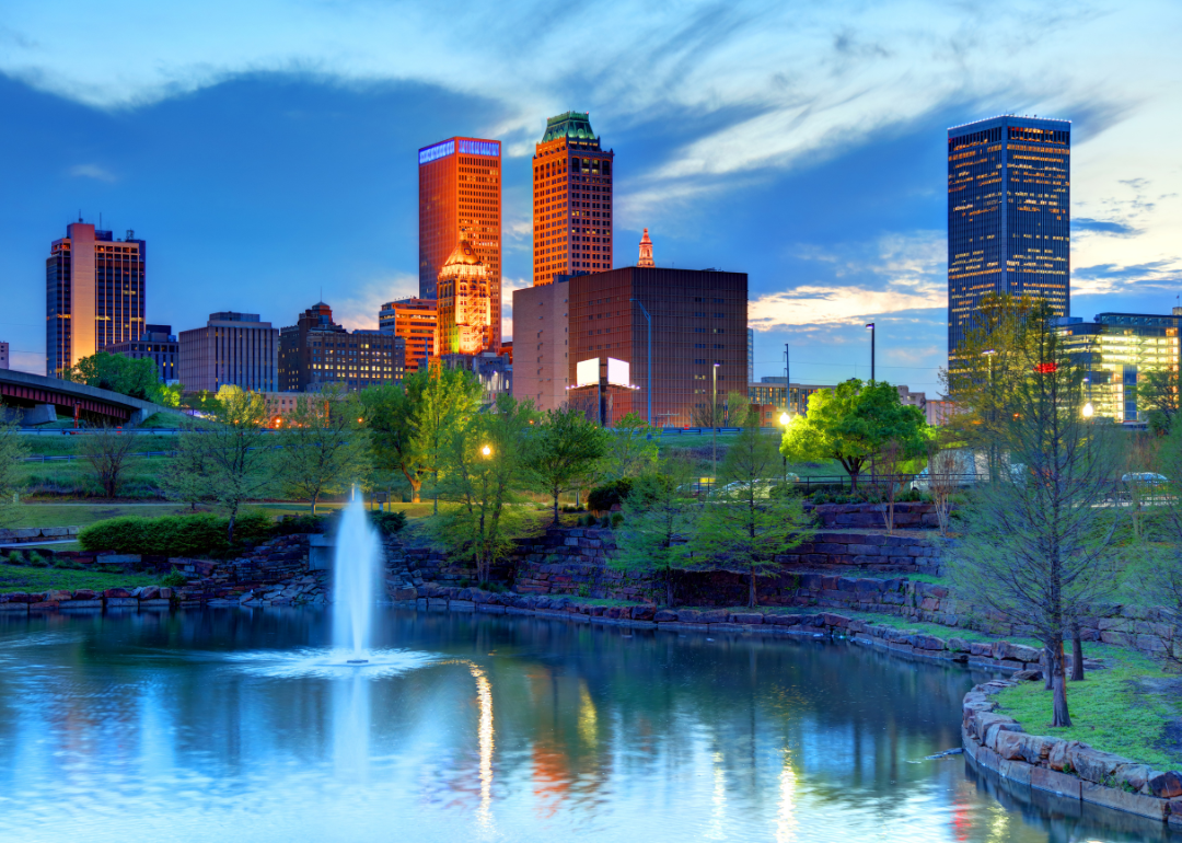 The downtown Tulsa skyline with a fountain in the foreground.