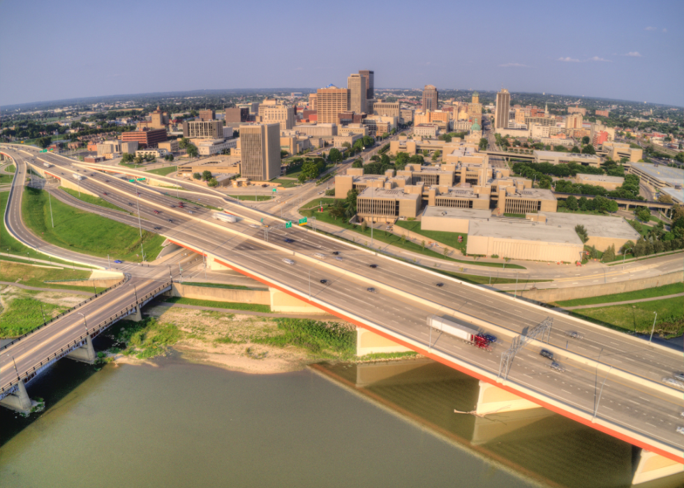 An aerial view of Dayton, Ohio, in summer
