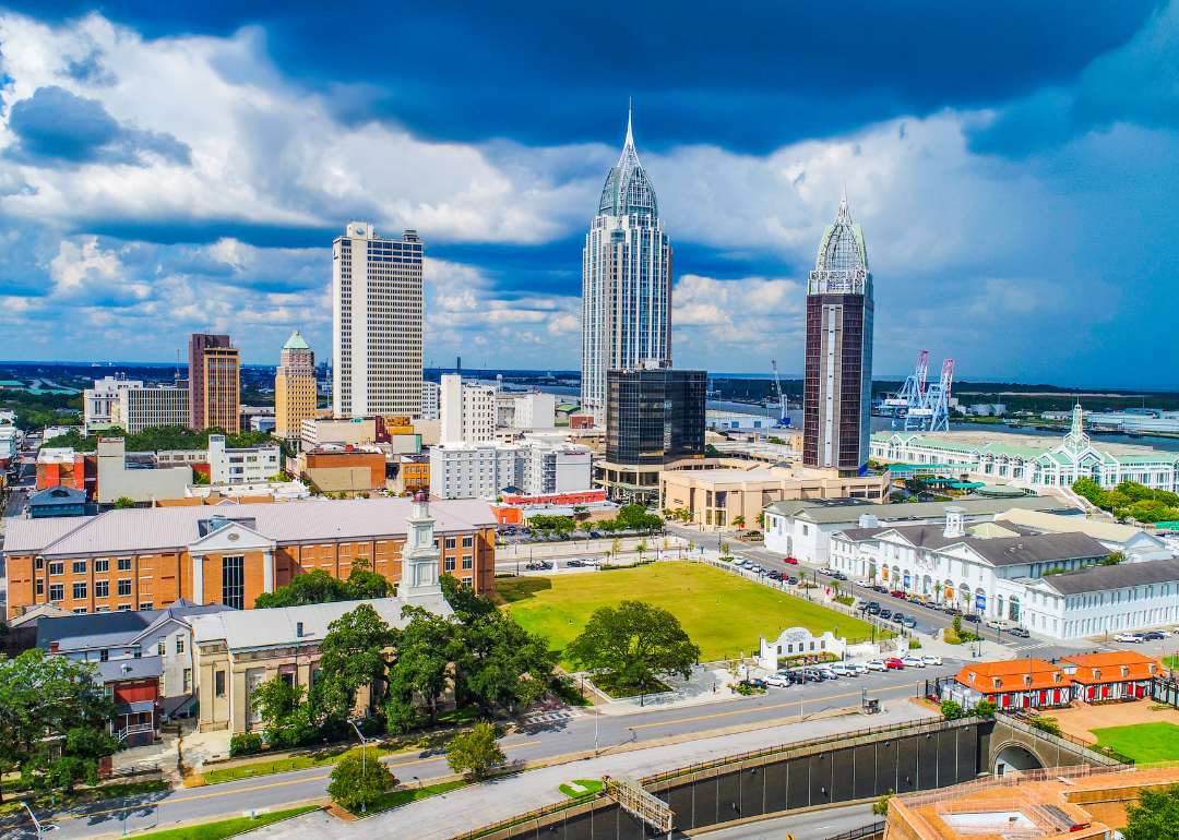 Downtown Mobile's skyline on a sunny day.