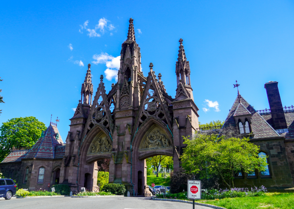 The main entrance of Green-Wood Cemetery, near the warehouse used as a bank in "Dog Day Afternoon"