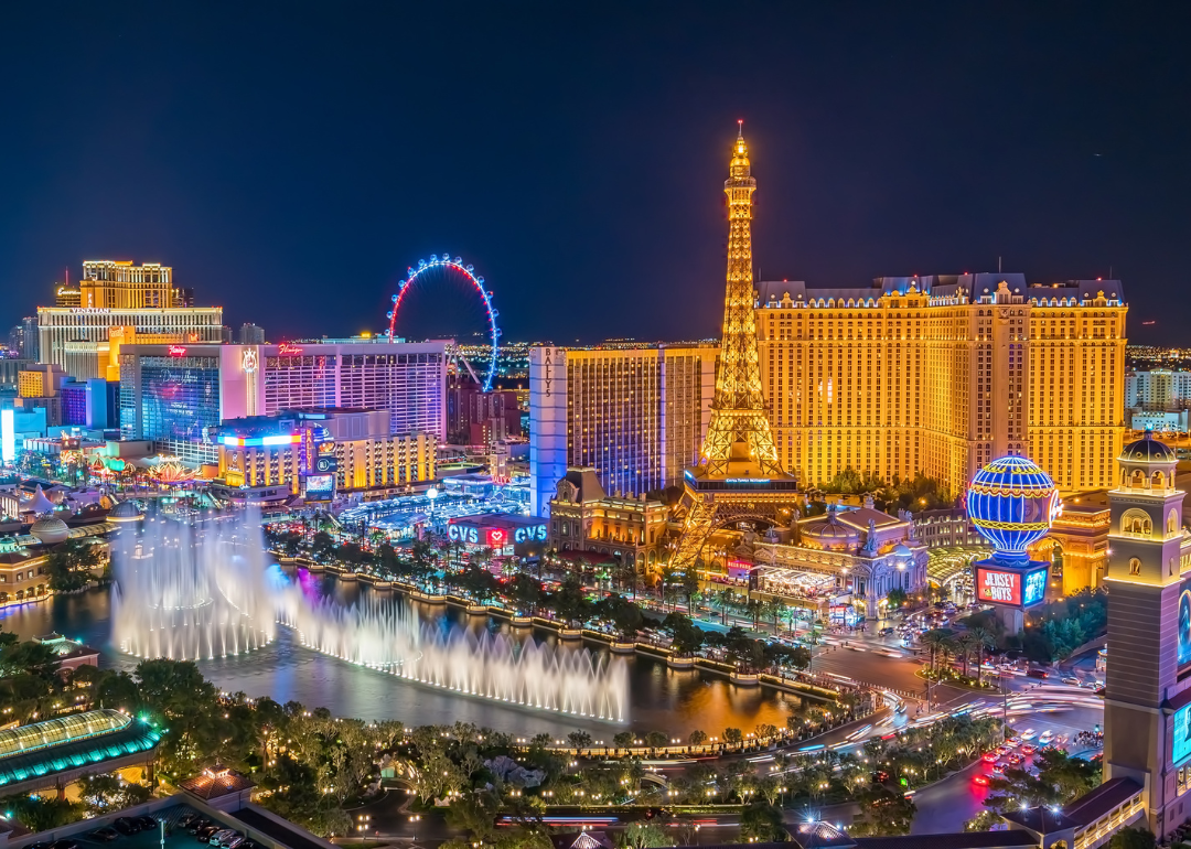 A panoramic view of the Las Vegas Strip at night. 