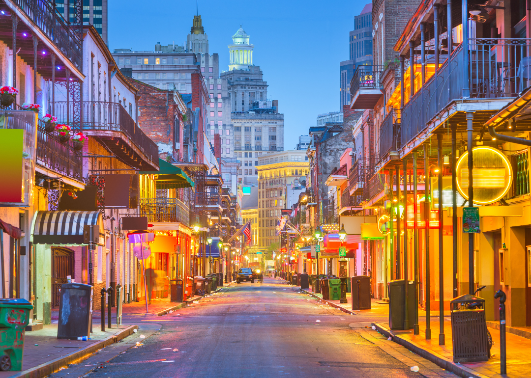 Bourbon Street in New Orleans as seen at street level.