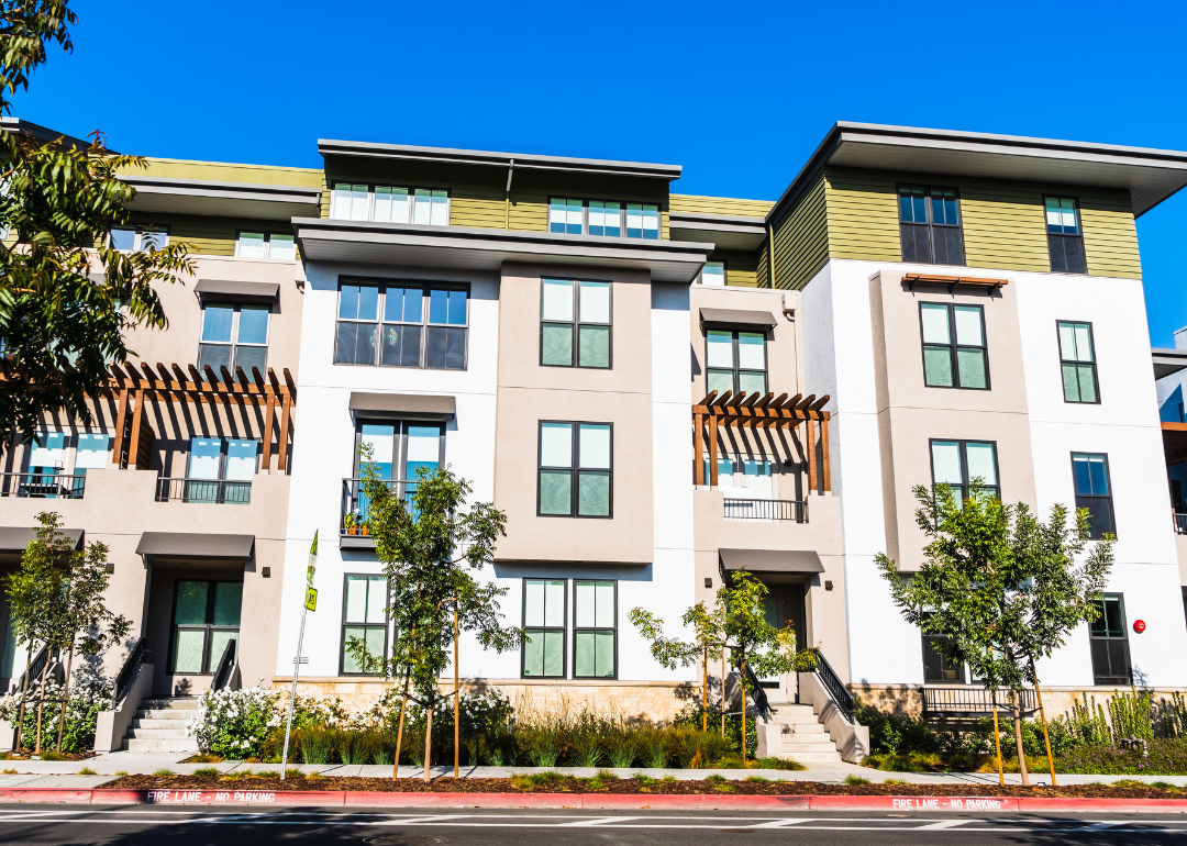 The exterior of a multifamily residential building.