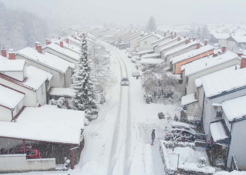 A cold, snowy suburban neighborhood