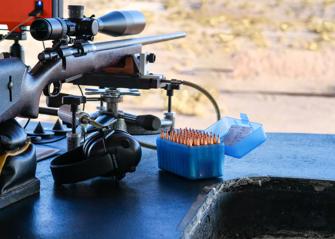 A long range rifle and its ammo ready for a shooting competition in Las Vegas.