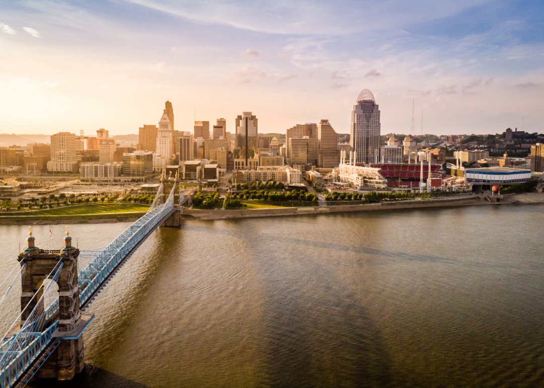 A bridge leading to downtown Cincinnati.