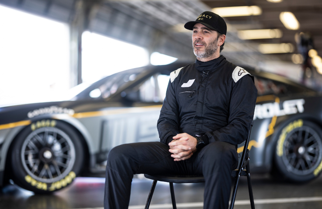 Jimmie Johnson being interviewed in the garage during the NASCAR Project 56 Test at Daytona International Speedway on January 31, 2023.