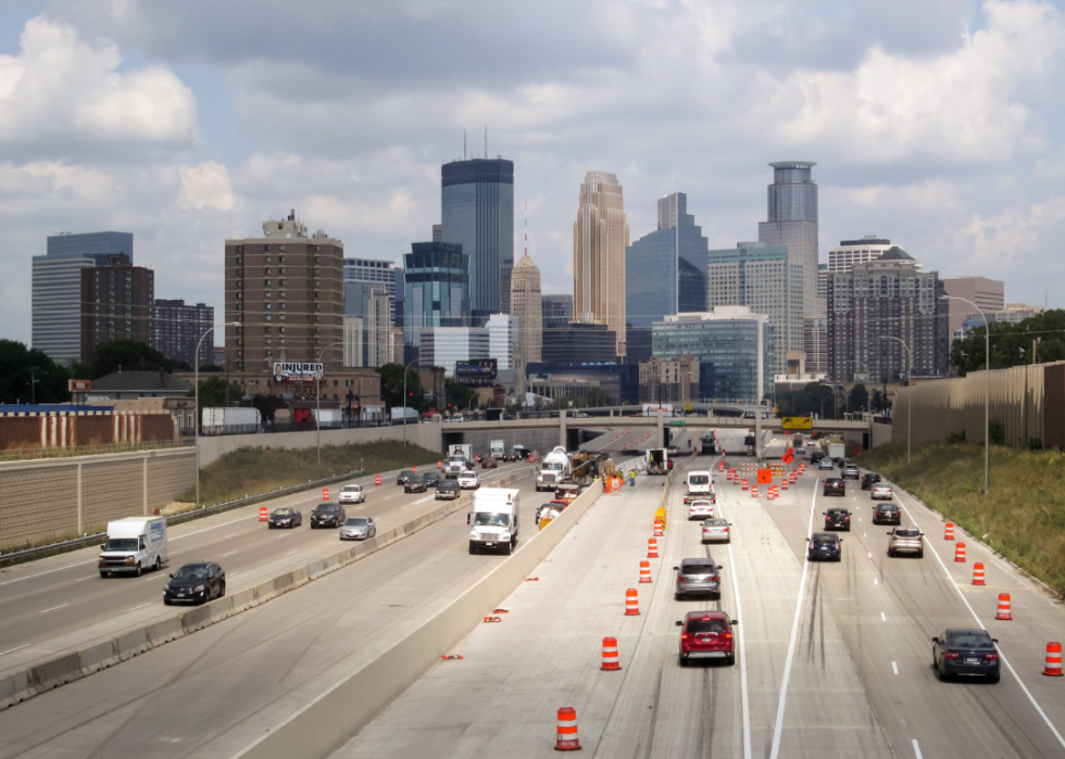 Minneapolis, Minnesota with a highway in the foreground