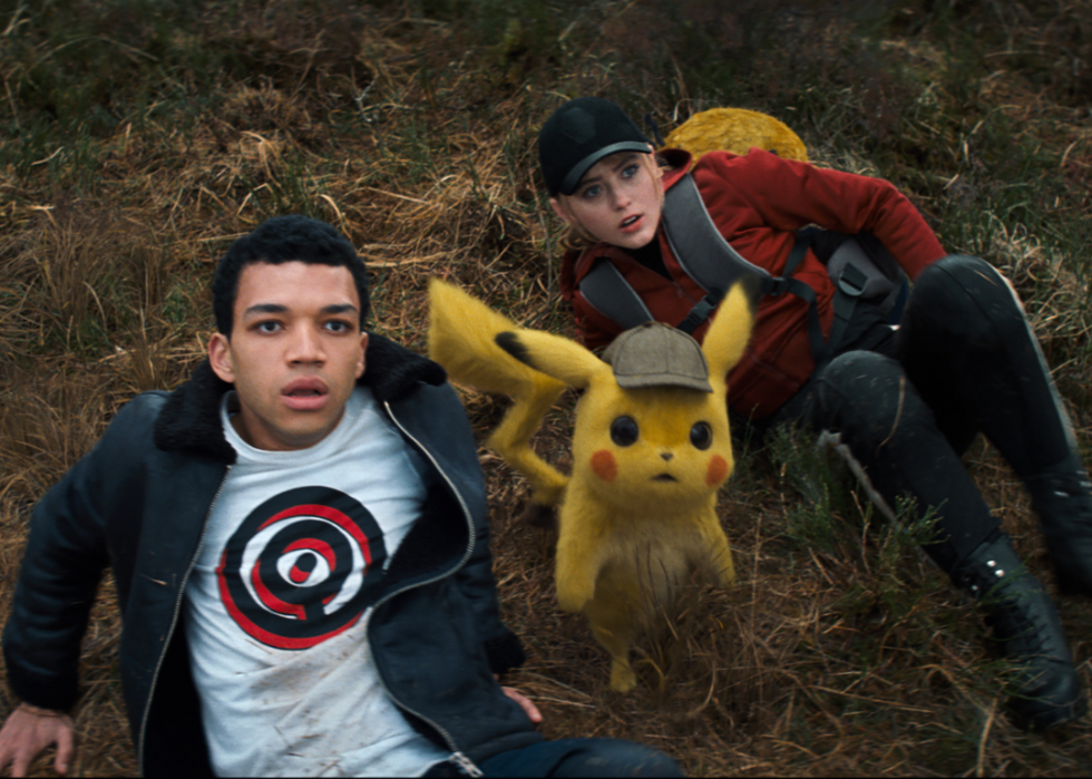 Ryan Reynolds, Kathryn Newton, and Justice Smith in Pokémon: Detective Pikachu