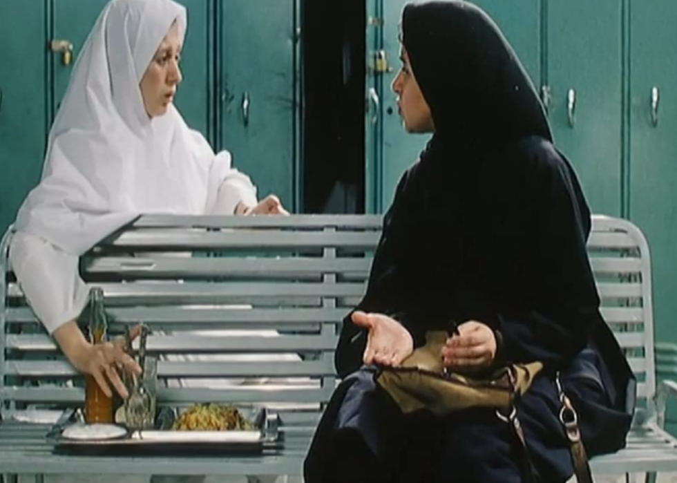 Fereshteh Sadre Orafaiy and Elham Saboktakin in mid-conversation in the film, The Circle.