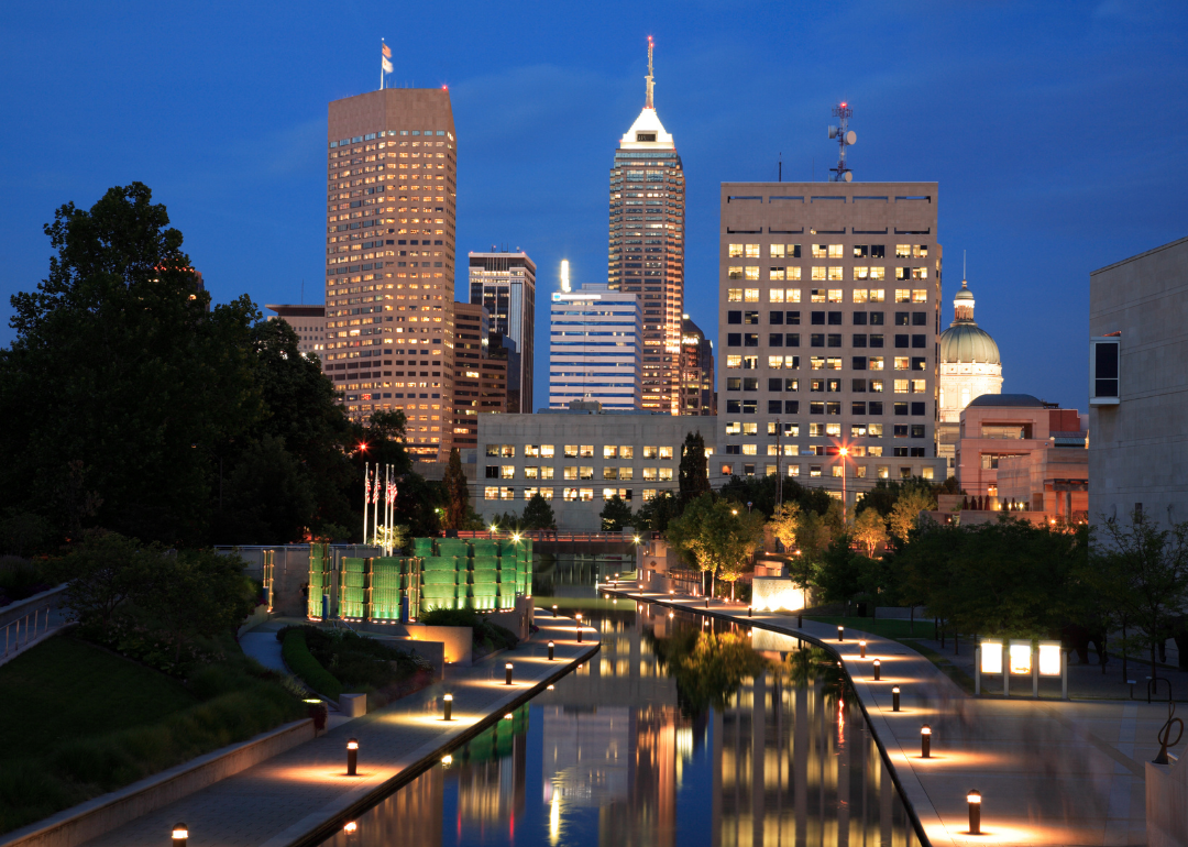 Indianapolis's skyline as seen at night.
