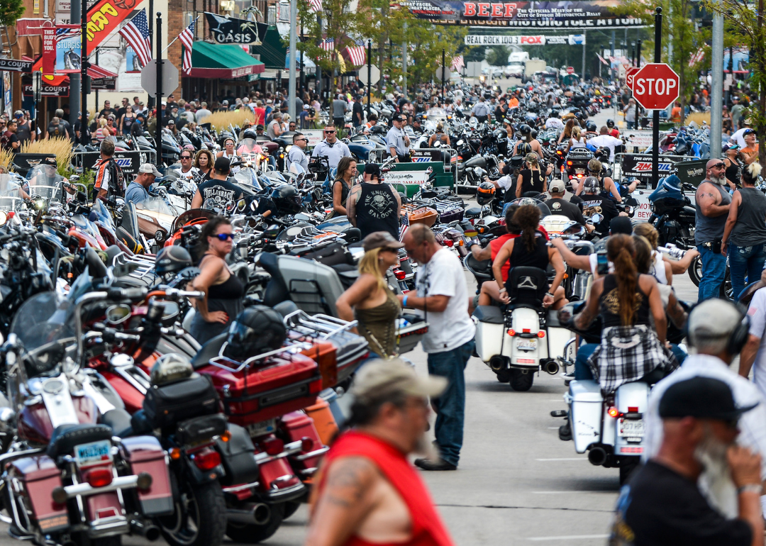 Motorcycles and people crowding Main Street during the 80th Annual Sturgis Motorcycle Rally on August 7, 2020, in Sturgis, South Dakota.