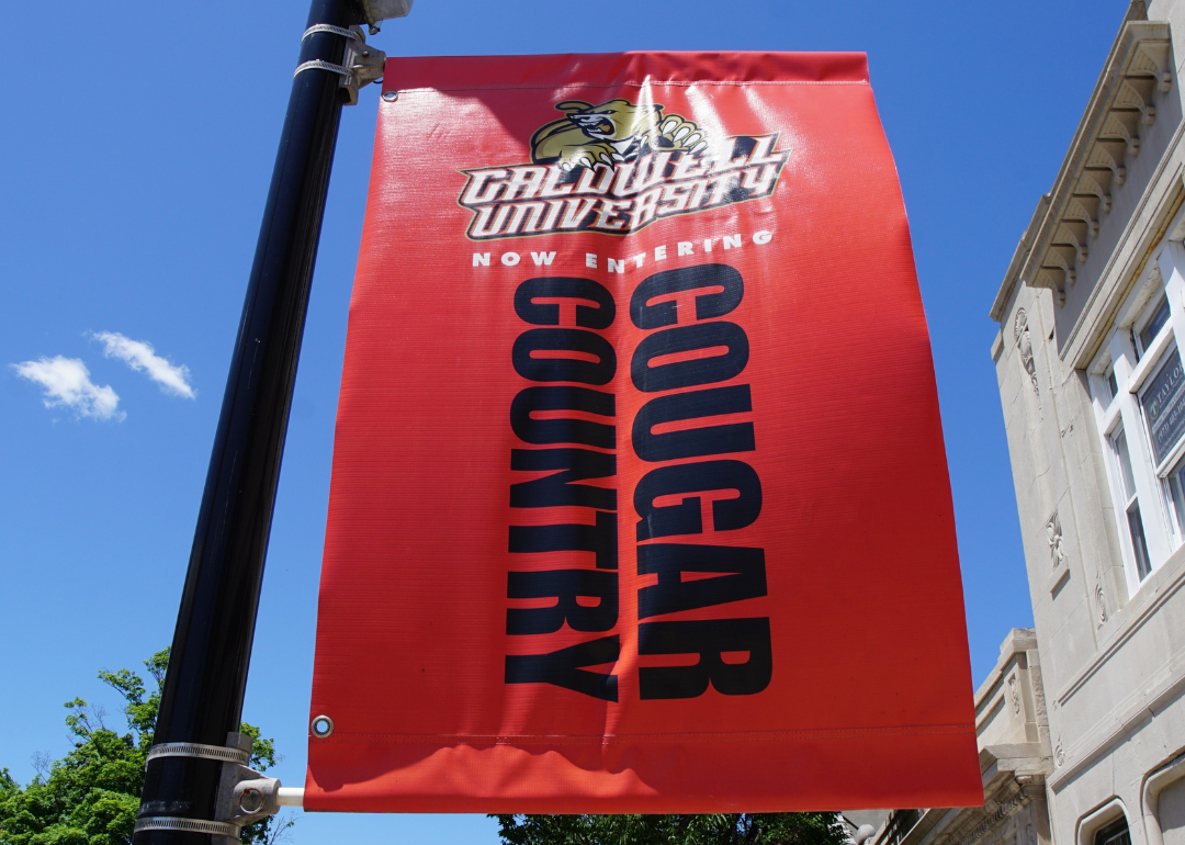 A Caldwell University Cougars banner on display in downtown Caldwell.