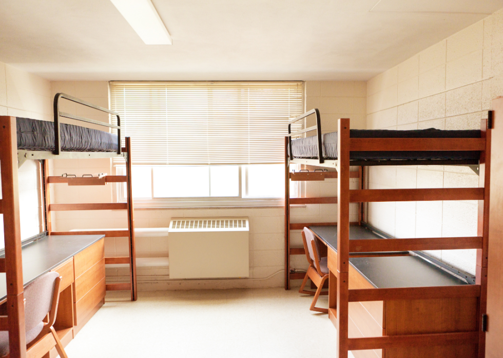 An empty college dorm room with bunkbeds.