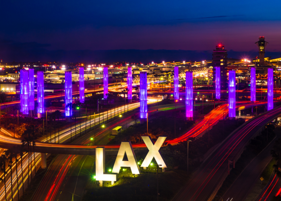The iconic LAX sign at the Century Boulevard entrance to the Los Angeles International Airport