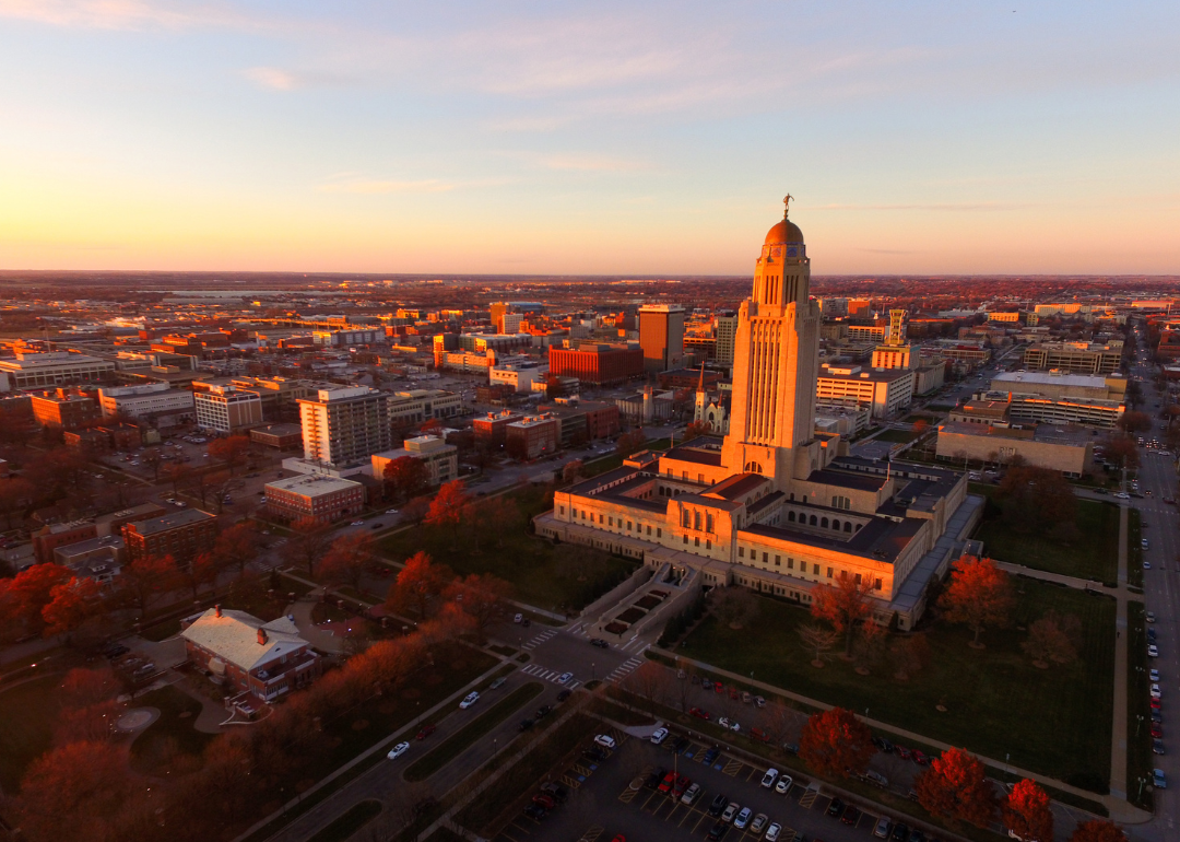 An aerial view of Lincoln at sunset.