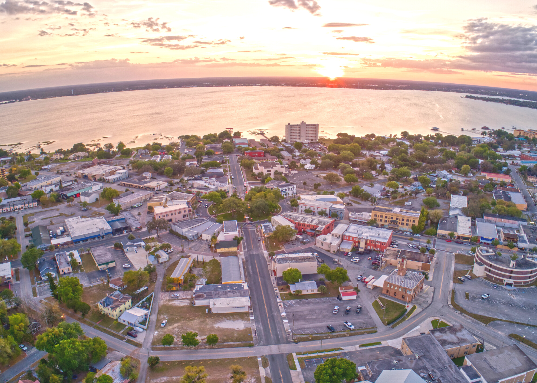 An aerial view of a shoreline neighborhood in Sebring.