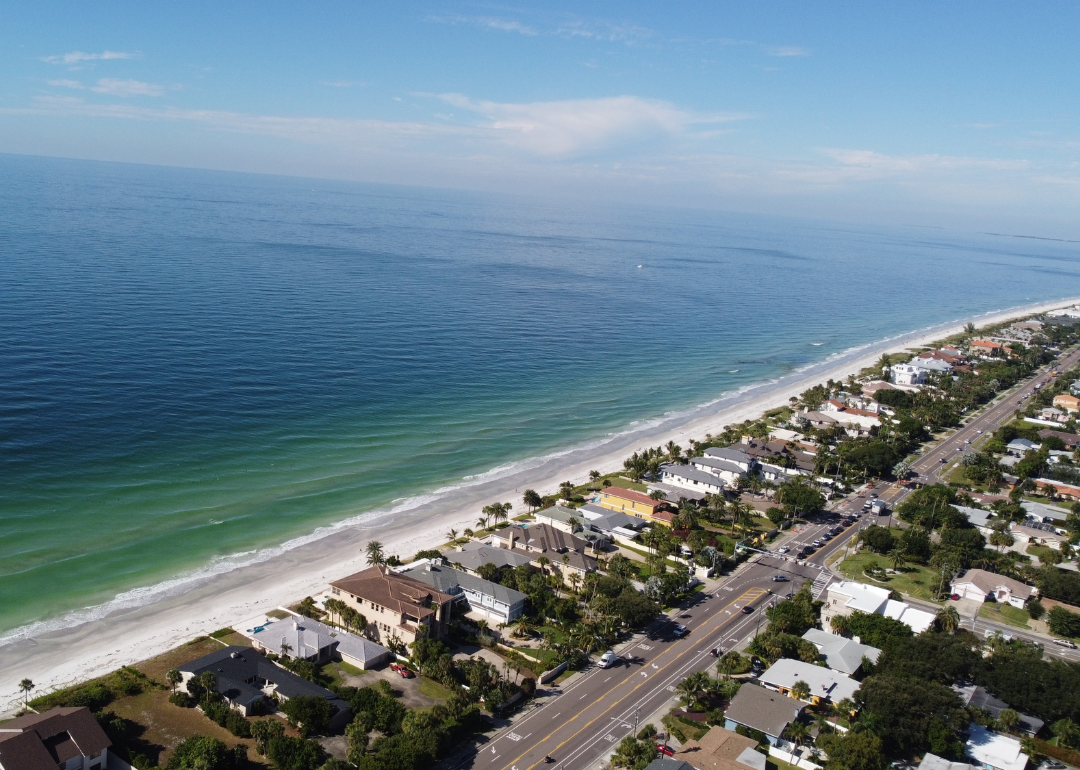 Aerial, beach view of Belleair, Florida.